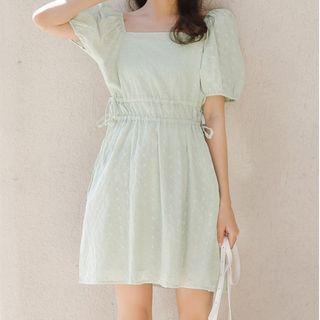 Balloon-sleeve Shirred Chiffon Dress