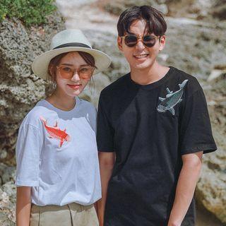 Couple Matching Fish Embroidered Short Sleeve T-shirt