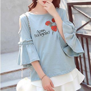 Flower Embroidered Cut Out Shoulder 3/4 Sleeve Top