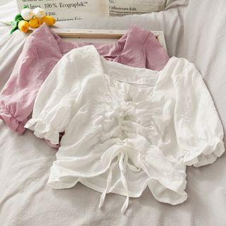 Square-neck Drawstring Crop Blouse In 6 Colors