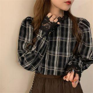 Plaid Blouse / Mesh Overlay Midi A-line Skirt