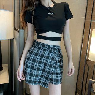 Lettering Short-sleeve Crop Top / Plaid Skort