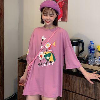 Short-sleeve Flower Print Loose-fit T-shirt