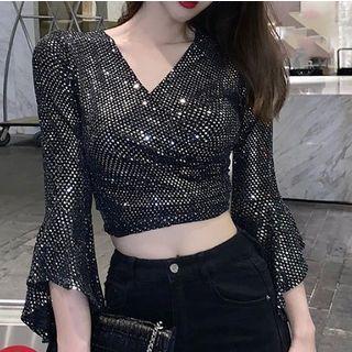 Rhinestone Tie Back Flared-sleeve Crop Top