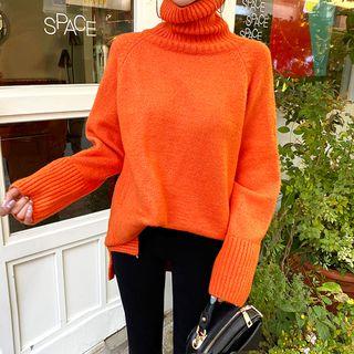 Turtle-neck Raglan Slit-side Sweater