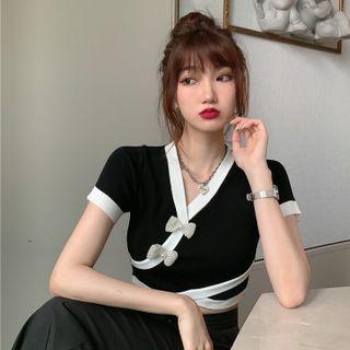Short-sleeve Wrap Cropped Knit Top