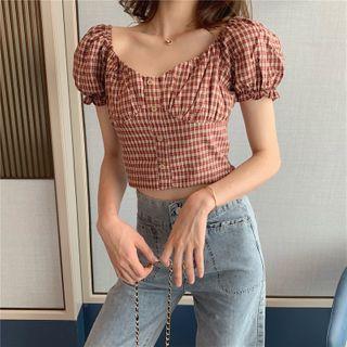 Plaid Puff-sleeve Blouse Plaid - Red - One Size