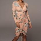 Long-sleeve Floral Print Drawstring Sheath Dress
