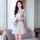 Set: 3/4-sleeve Floral Print Panel Mini A-line Dress + Open-front Jacket
