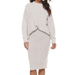 Set: Mock-neck Plain Ribbed Knit Sweater + Semi Skirt