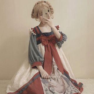 Balloon-sleeve Ribbon Print A-line Dress