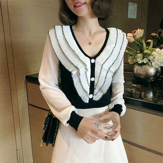 Chiffon Panel V-neck Knit Top