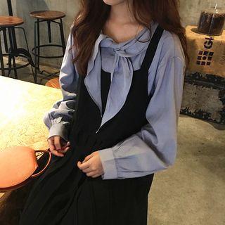 Tie Neck Blouse / Midi Pinafore Dress