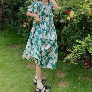 Puff Sleeve Floral Print Dress Dress - Green - One Size