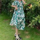 Puff Sleeve Floral Print Dress Dress - Green - One Size