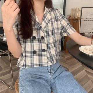 Double-buttoned Plaid Short-sleeve Cropped Shirt