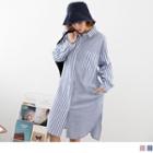 Striped Panel Pocketed Loose-fit Shirtdress