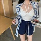 Halter-neck Camisole Top / Striped Long-sleeve Shirt / Drawstring Sweat Shorts