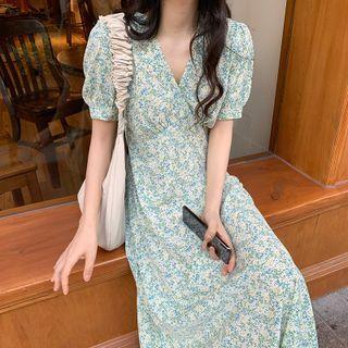 Short-sleeve Floral Print Midi Dress Light Green - One Size