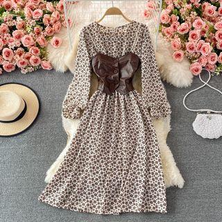 Long Sleeve Floral Print Dress + Faux Leather Vest