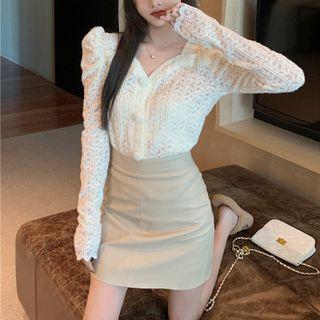 Puff-sleeve Button-up Lace Top