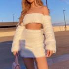 Set: Long-sleeve Off-shoulder Fluffy Crop Top + Mini Pencil Skirt