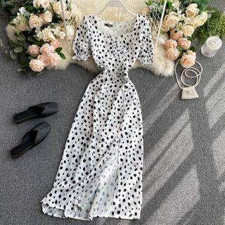 Dotted Short-sleeve Midi A-line Dress White - One Size