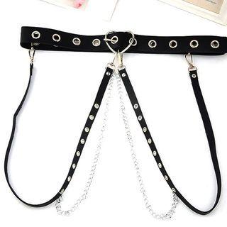 Chained Faux Leather Belt With Suspender Black - One Size