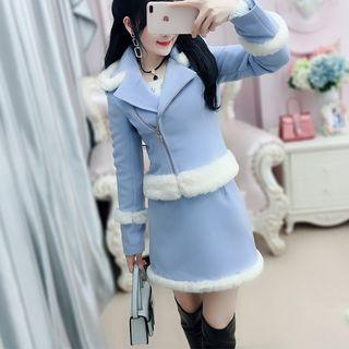 Set: Faux Fur Trim Biker Jacket + A-line Mini Skirt