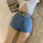 Plain Open Back Short-sleeve Slim-fit Cropped Top / Strappy Denim Hot Pants