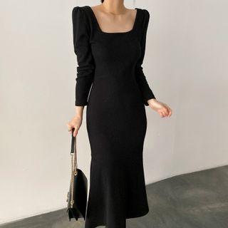 Long-sleeve Scoop-neck Midi Mermaid Dress Black - One Size