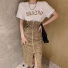 Short-sleeve Lettering T-shirt / Leopard Print Midi A-line Skirt / Set