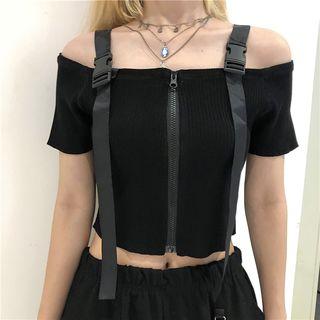 Short-sleeve Buckled Strap Cold Shoulder T-shirt / A-line Mini Pleated Skorts