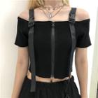 Short-sleeve Buckled Strap Cold Shoulder T-shirt / A-line Mini Pleated Skorts