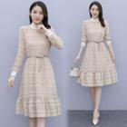 Long-sleeve Belted Lace Mock-neck A-line Dress