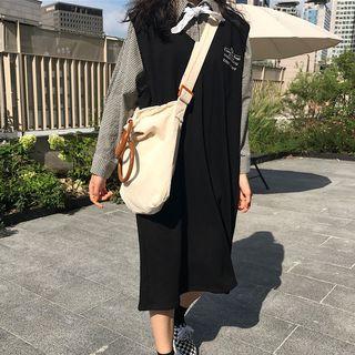 Plaid Shirt / Sleeveless Straight Fit Midi Dress