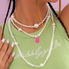 Set Of 3: Faux Pearl Necklace Silver - One Size