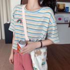 Short-sleeve Rainbow Embroidered Striped T-shirt