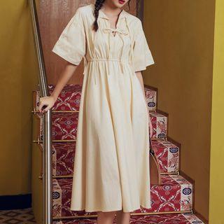 Lace Up Elbow-sleeve Midi A-line Dress