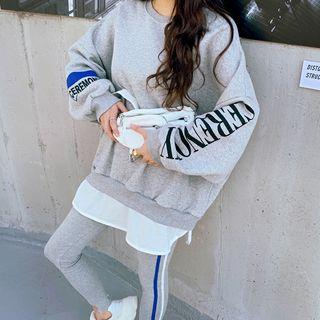 Set: Letter Layered-hem Pullover + Piped Leggings