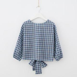 Puff-sleeve Plaid Tie-hem Blouse