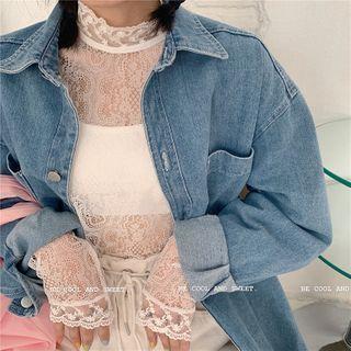 Long-sleeve Lace Mock-neck Top White - One Size