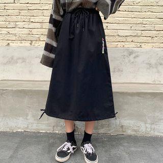 Drawstring Embroidery A-line Midi Skirt