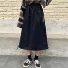 Drawstring Embroidery A-line Midi Skirt