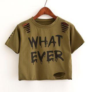 Lettering Cut-out Short-sleeve Cropped T-shirt