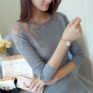 Embroidered Mesh Panel Knit Top