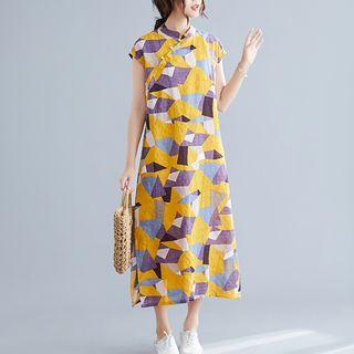 Short-sleeve Midi Printed Qipao Dress