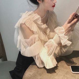 Long-sleeve Ruffled Blouse / Plain Skort