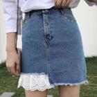 Eyelet Detail Lace Hem A-line Denim Skirt