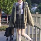 Collared Cardigan / Plain Shirt / Plaid Pleated Mini A-line Skirt / Neck-tie / Set